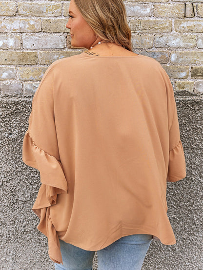 Elegant Smoke Gray Plus Size V Neck Blouse with Ruffled Batwing Sleeves