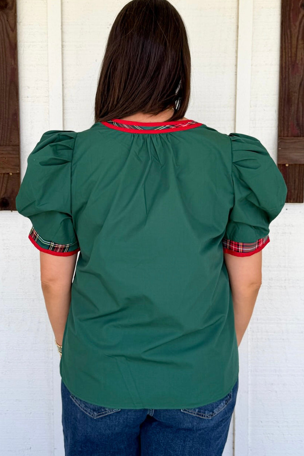 Blackish Green Plus Size Contrast Trim V Neck Short Bubble Sleeve Blouse