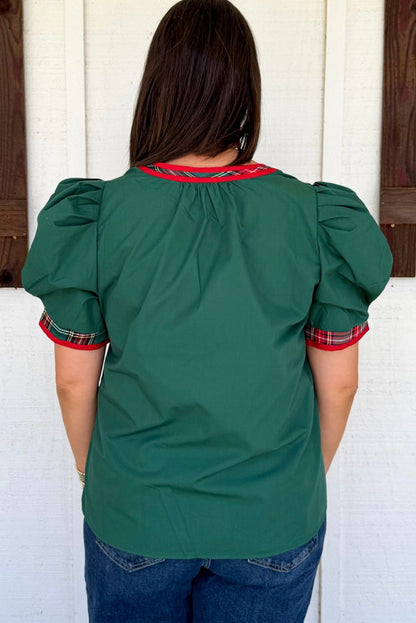 Blackish Green Plus Size Contrast Trim V Neck Short Bubble Sleeve Blouse