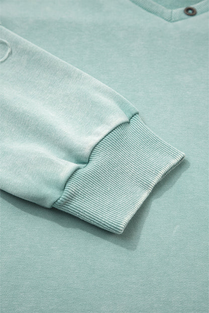 Mist Blue Mineral Wash Exposed Seam Buttoned V Neck Pullover Top