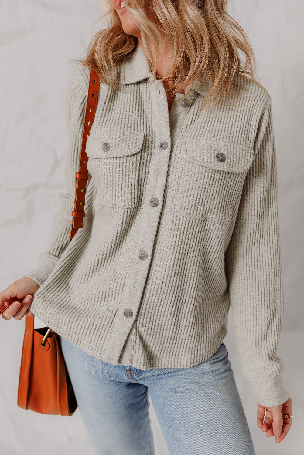Light Grey Waffle Textured Chest Pocket Chic Shacket