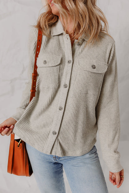 Light Grey Waffle Textured Chest Pocket Chic Shacket