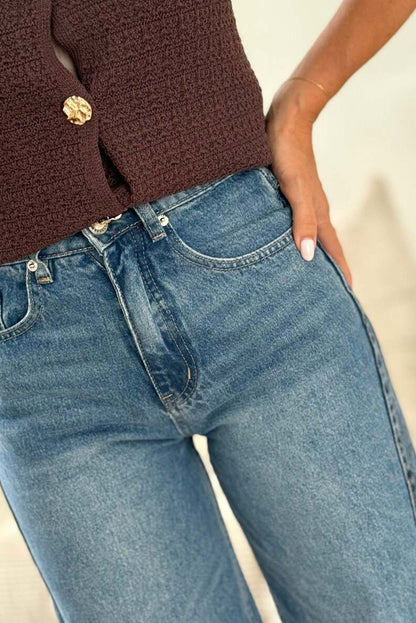 Dusk Blue Playful Botton Patchwork Seam Detail Wide Leg Jeans