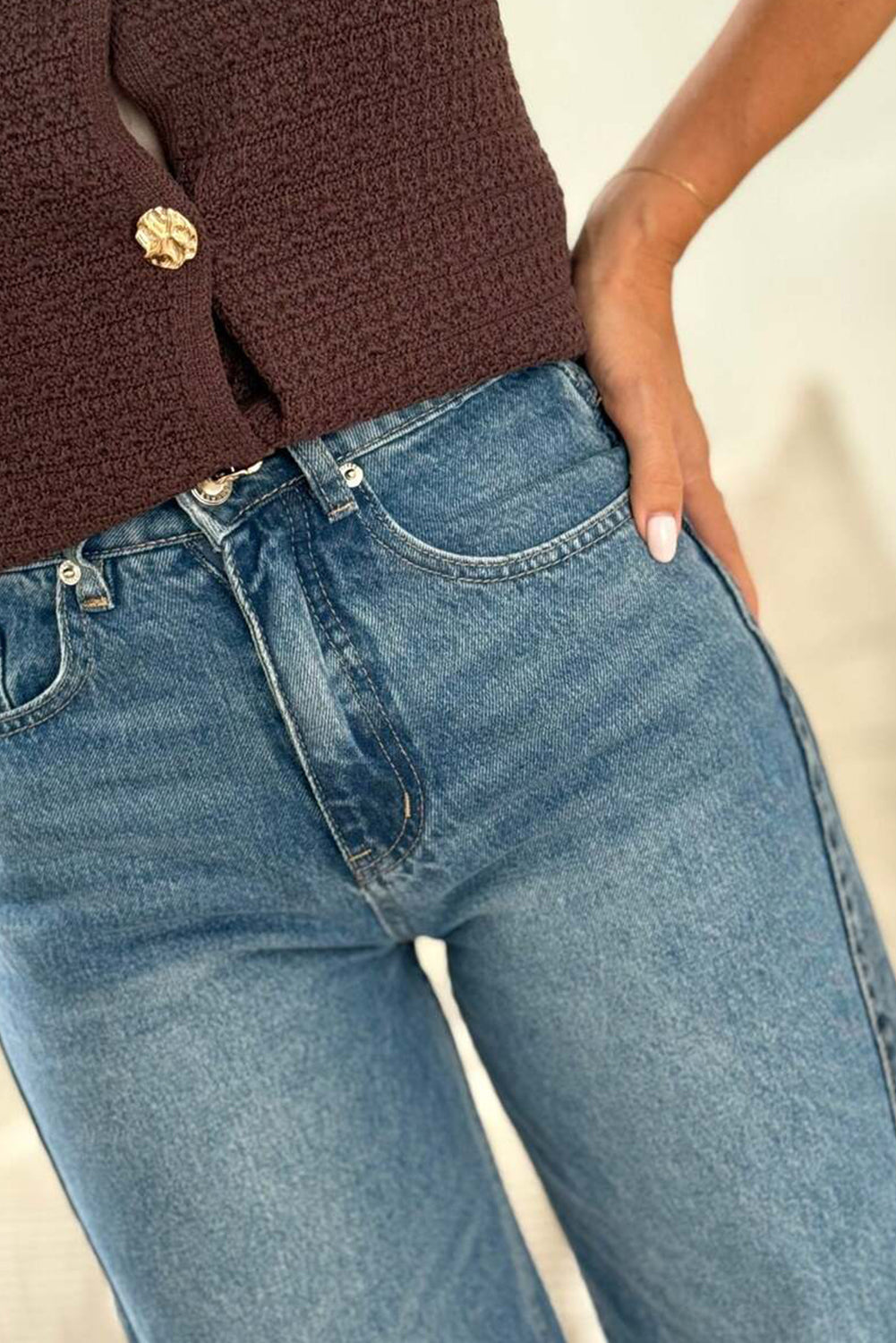 Dusk Blue Playful Botton Patchwork Seam Detail Wide Leg Jeans