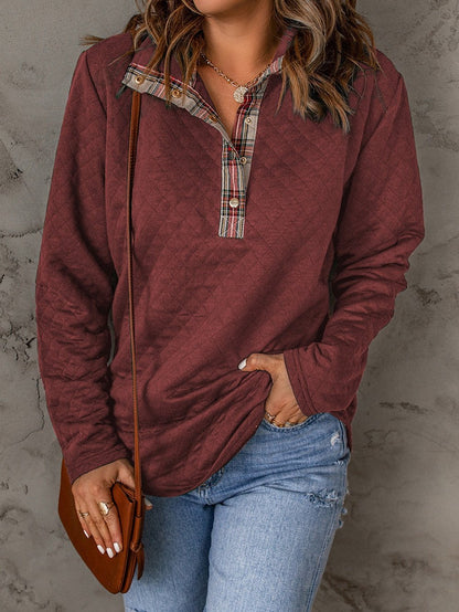 Fiery Red Plaid Trim Sweatshirt with Geometric Detail