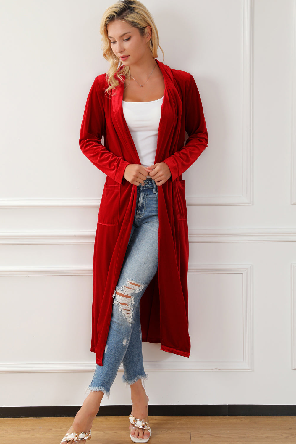 Fiery Crimson Velvet Open Front Long Duster with Pockets