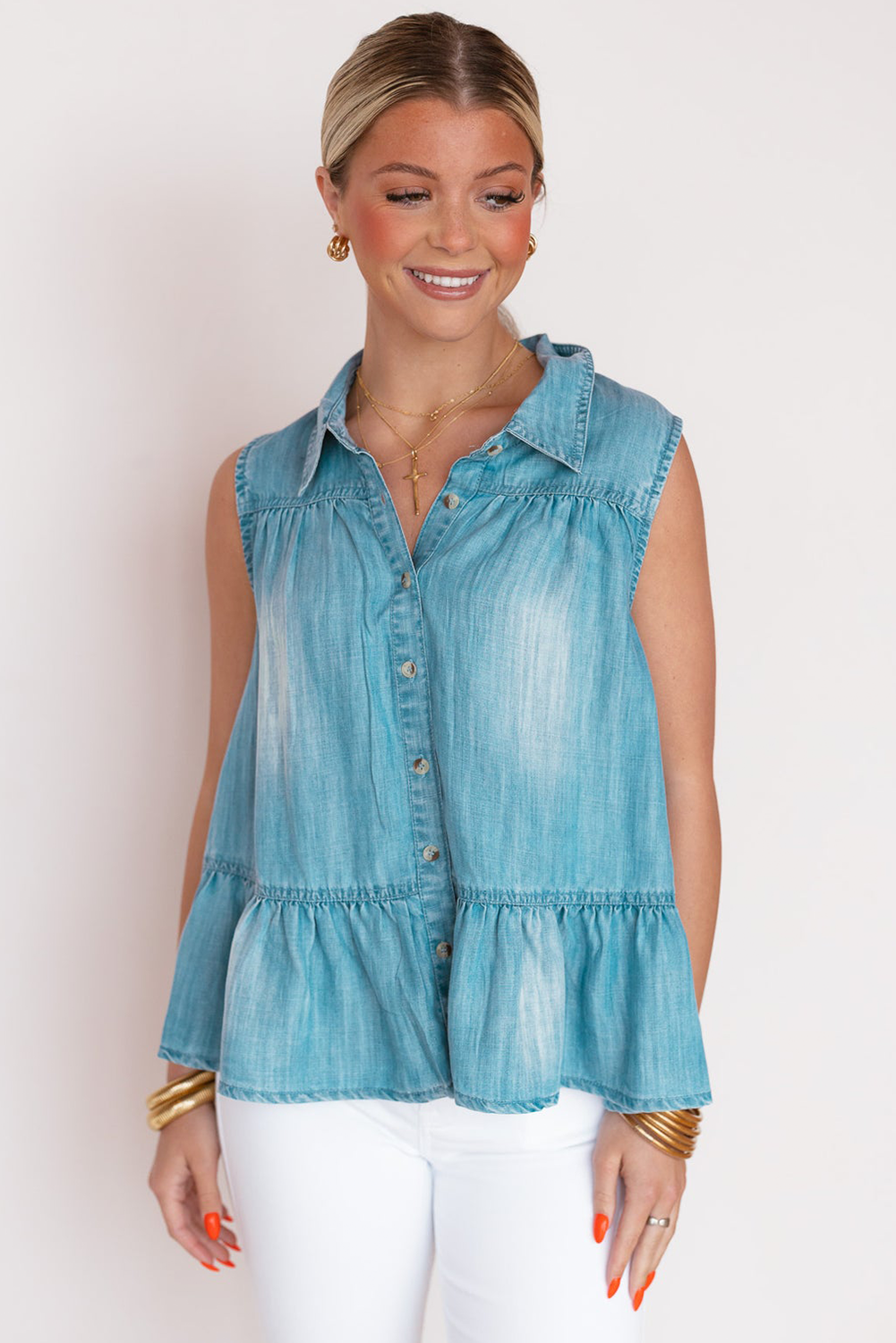 Myosotis Collar Sleeveless Ruffle Hem Denim Shirt