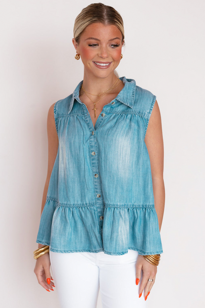 Myosotis Collar Sleeveless Ruffle Hem Denim Shirt
