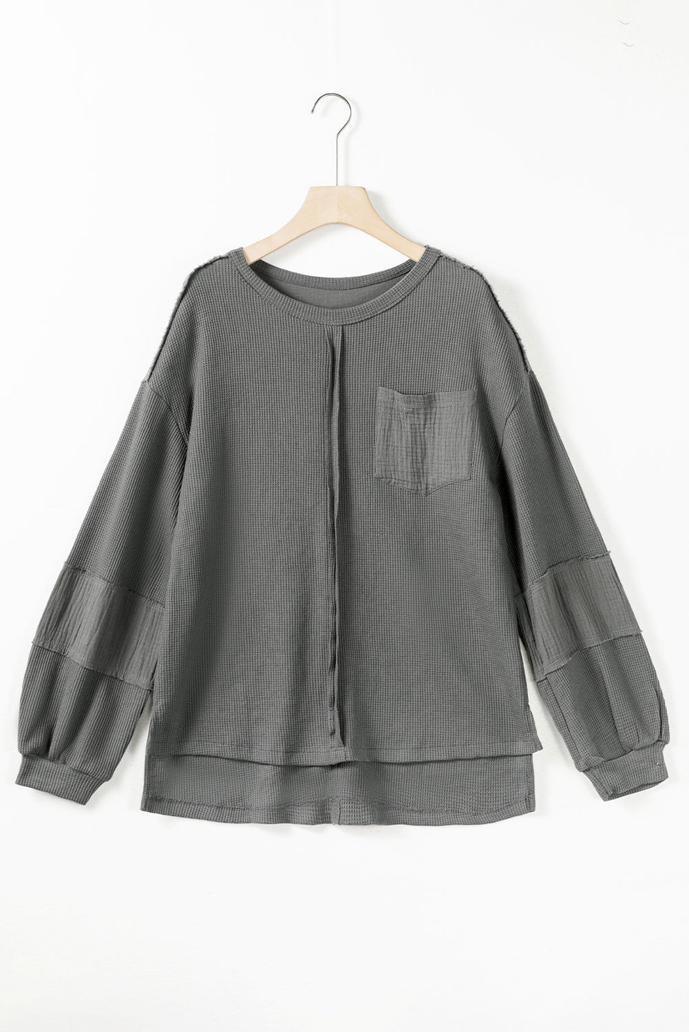 Gray Crinkled Texture Patchwork Waffle Knit Top with Bubble Sleeves