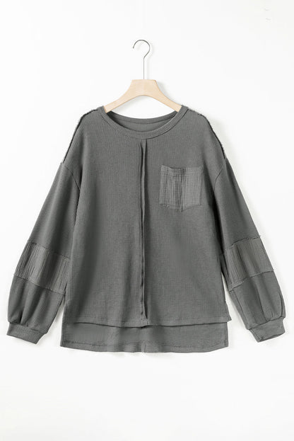 Gray Crinkled Texture Patchwork Waffle Knit Top with Bubble Sleeves