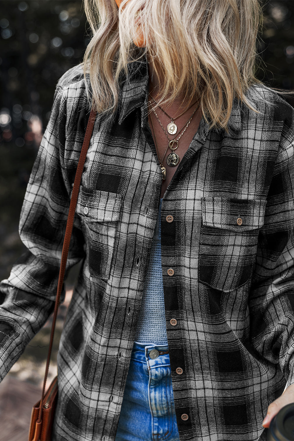 White Retro Plaid Double Flap Pocket Brushed Shacket