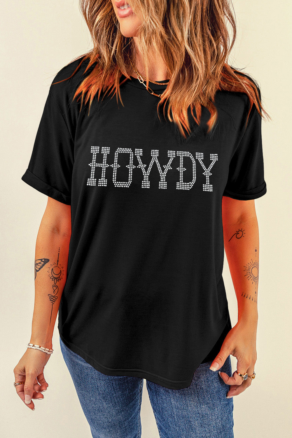 HOWDY Black Rhinestone Embellished Slim Fit Tee