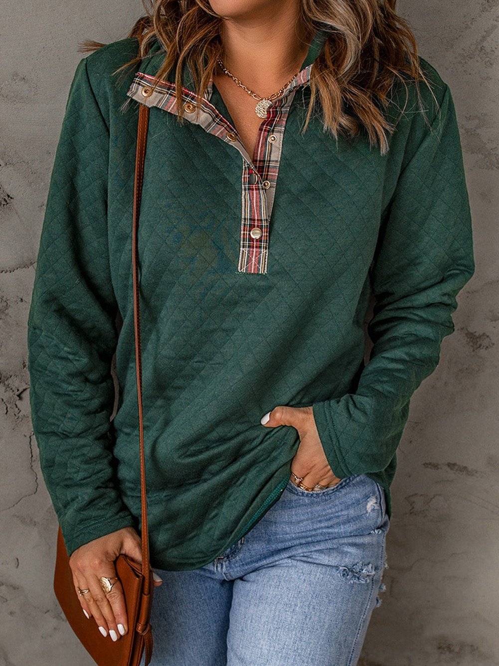 Green Plaid Trim Sweatshirt with Geometric Texture