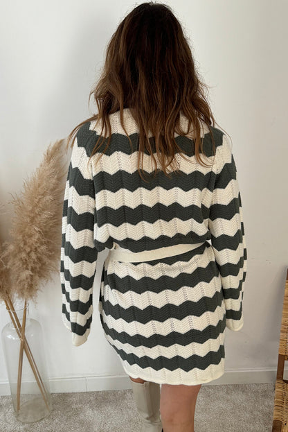 Green Stripe Loose Sleeve Belted Shift Sweater Dress
