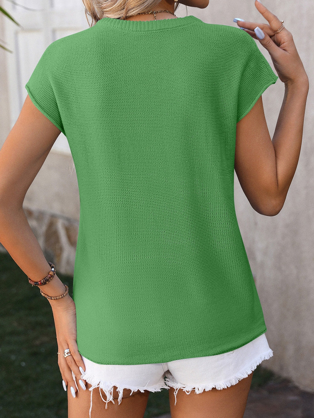 Green Knit Cap Sleeve Round Neck Sweater Top