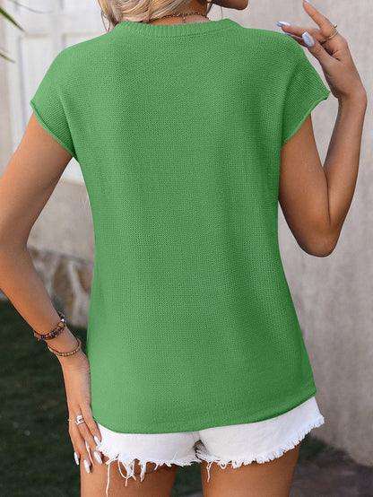 Green Knit Cap Sleeve Round Neck Sweater Top