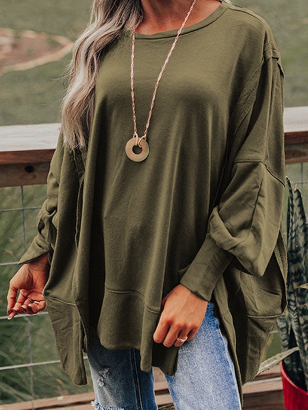 Green Patchwork Oversized Drop Shoulder Top