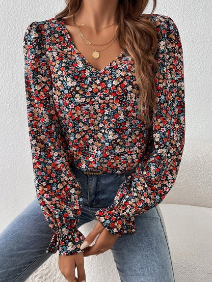 Flame Red Lace Patch V-Neck Tie-Up Puff Sleeve Floral Top