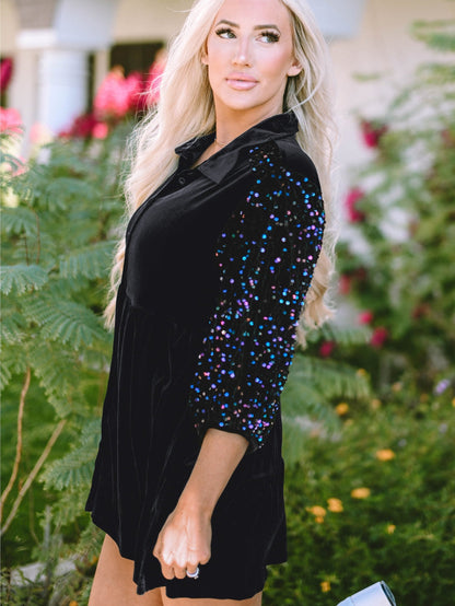 Elegant Black Velvet Peplum Shirt with Sequin Detail