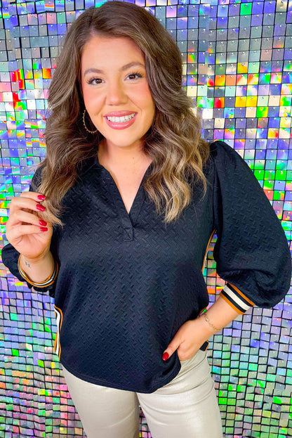 Black Colorblock Striped Textured Puff Sleeve Collar Plus Size Blouse