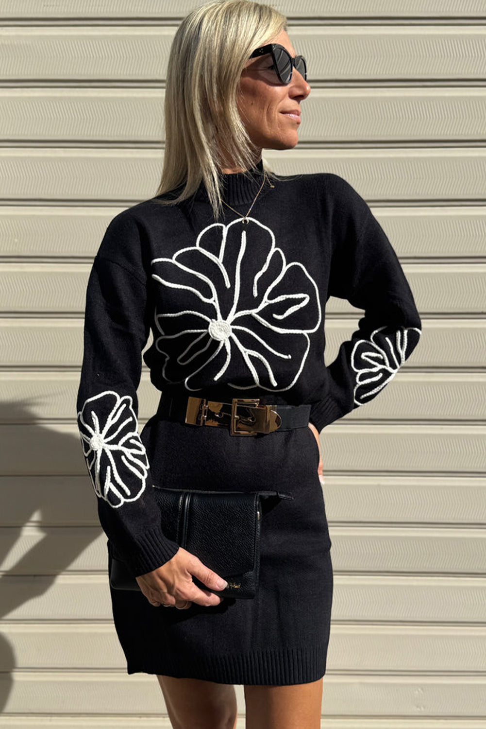 Black Floral Embroidered Mock Neck Mini Sweater Dress