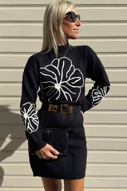 Black Floral Embroidered Mock Neck Mini Sweater Dress
