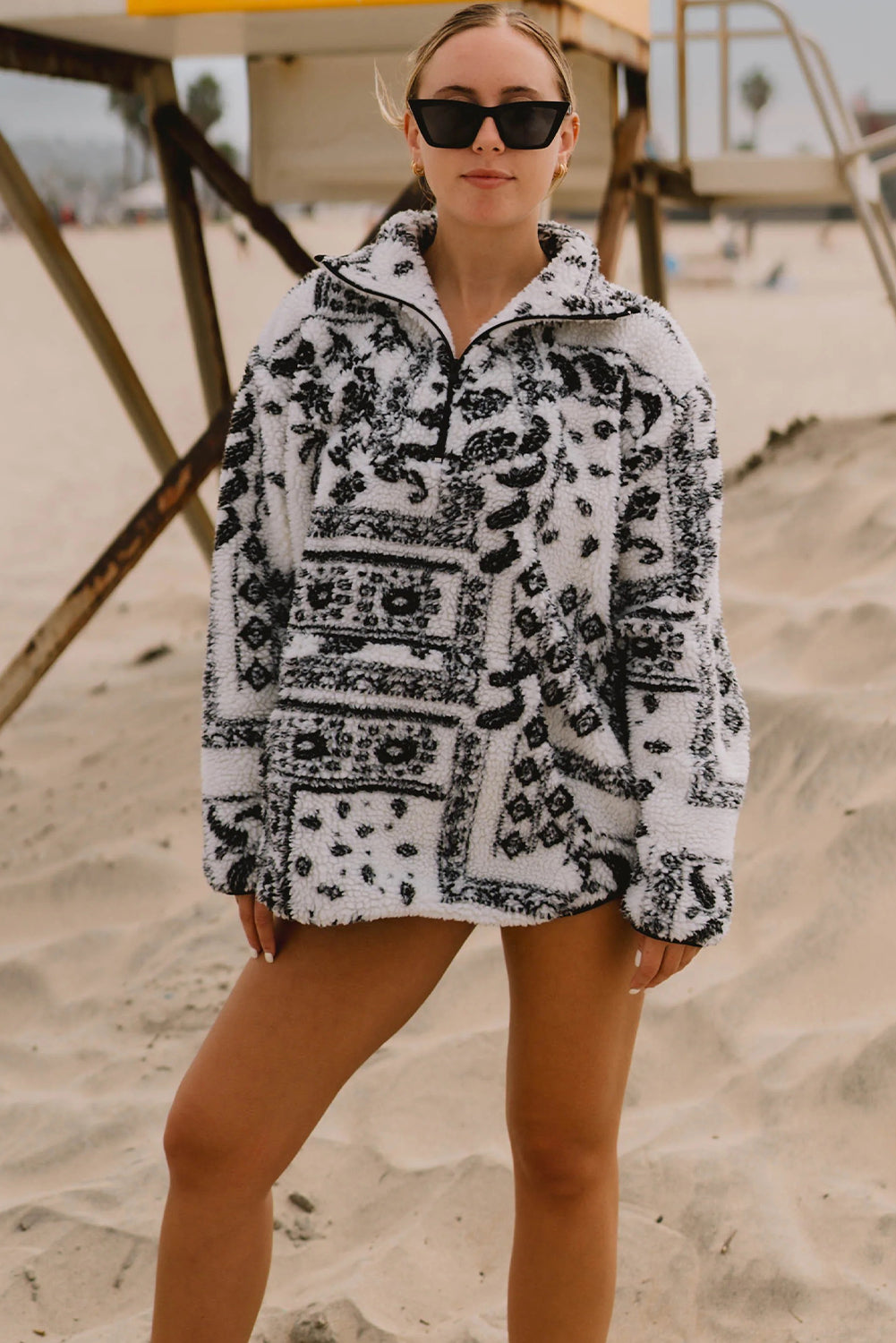 Black Sherpa Quarter Zip Western Print Oversize Sweatshirt