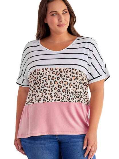 Striped Leopard Color Block Plus Size T-Shirt