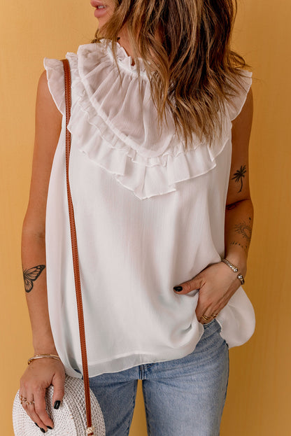 Elegant White Chiffon Ruffle Tank Top