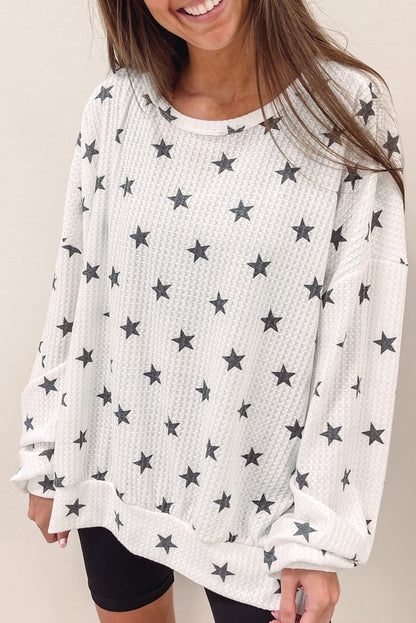 White Star Print Waffle Loose Pullover Top