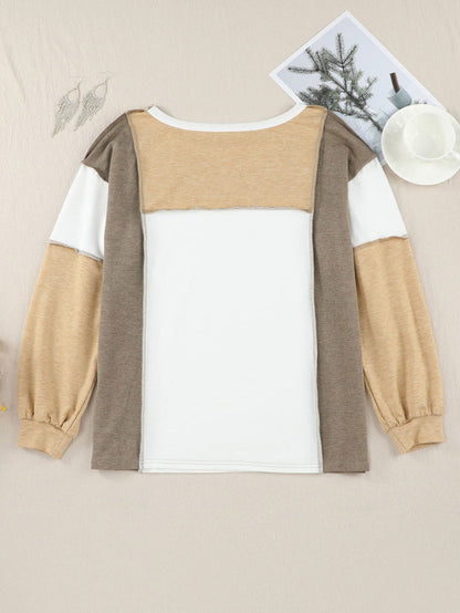 Khaki Patchwork Color Block Knit Top