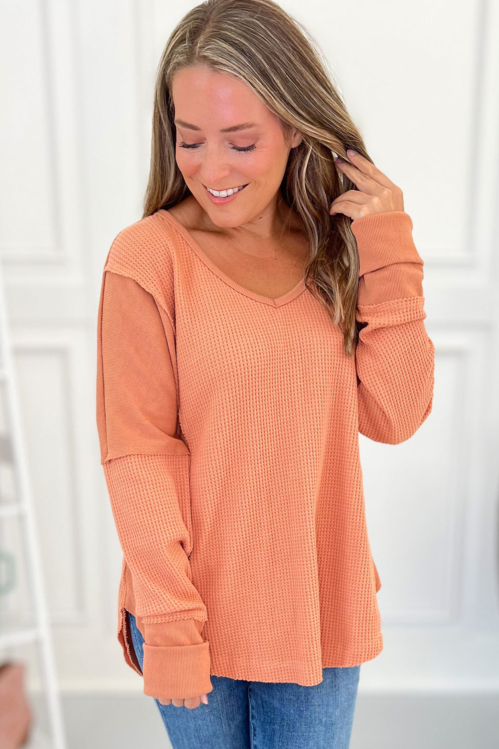 Grapefruit Orange Waffle Knit Patchwork Loose Casual Top