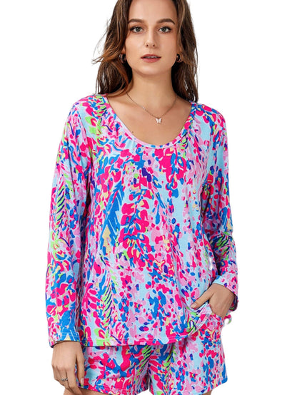 Elegant Purple Floral Lounge Set with Long Sleeve Top and Drawstring Shorts