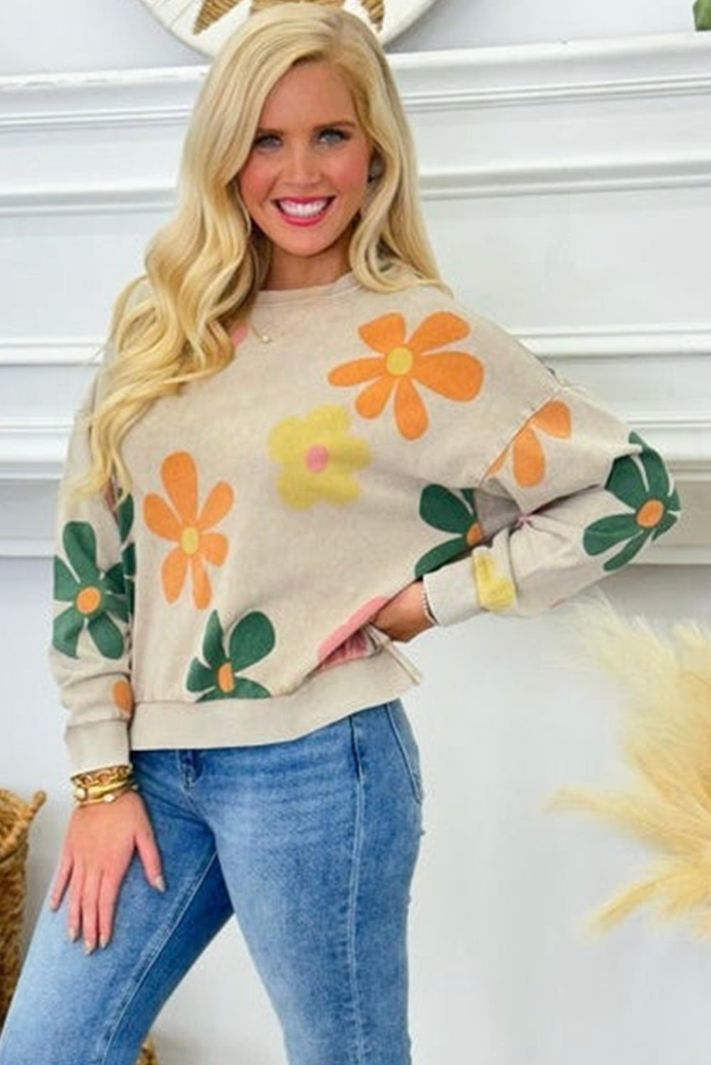 Khaki Big Flower Printed Drop Shoulder Mineral Wash Sweatshirt