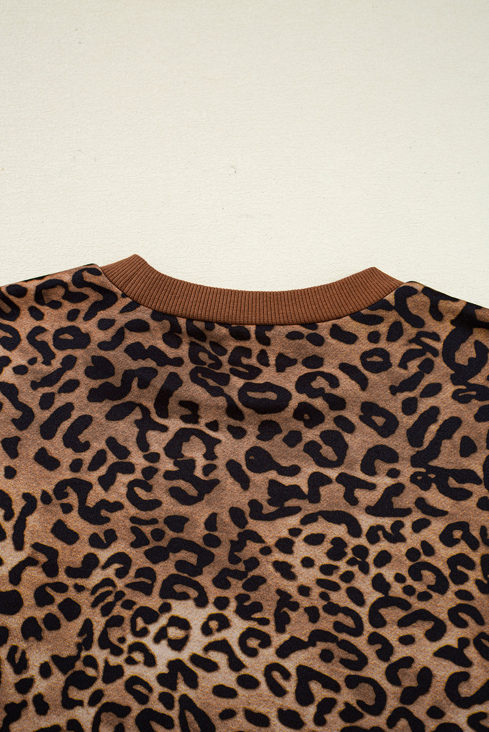 Coffee Leopard Print Contrast Trim Long Sleeve Top and Pants Set