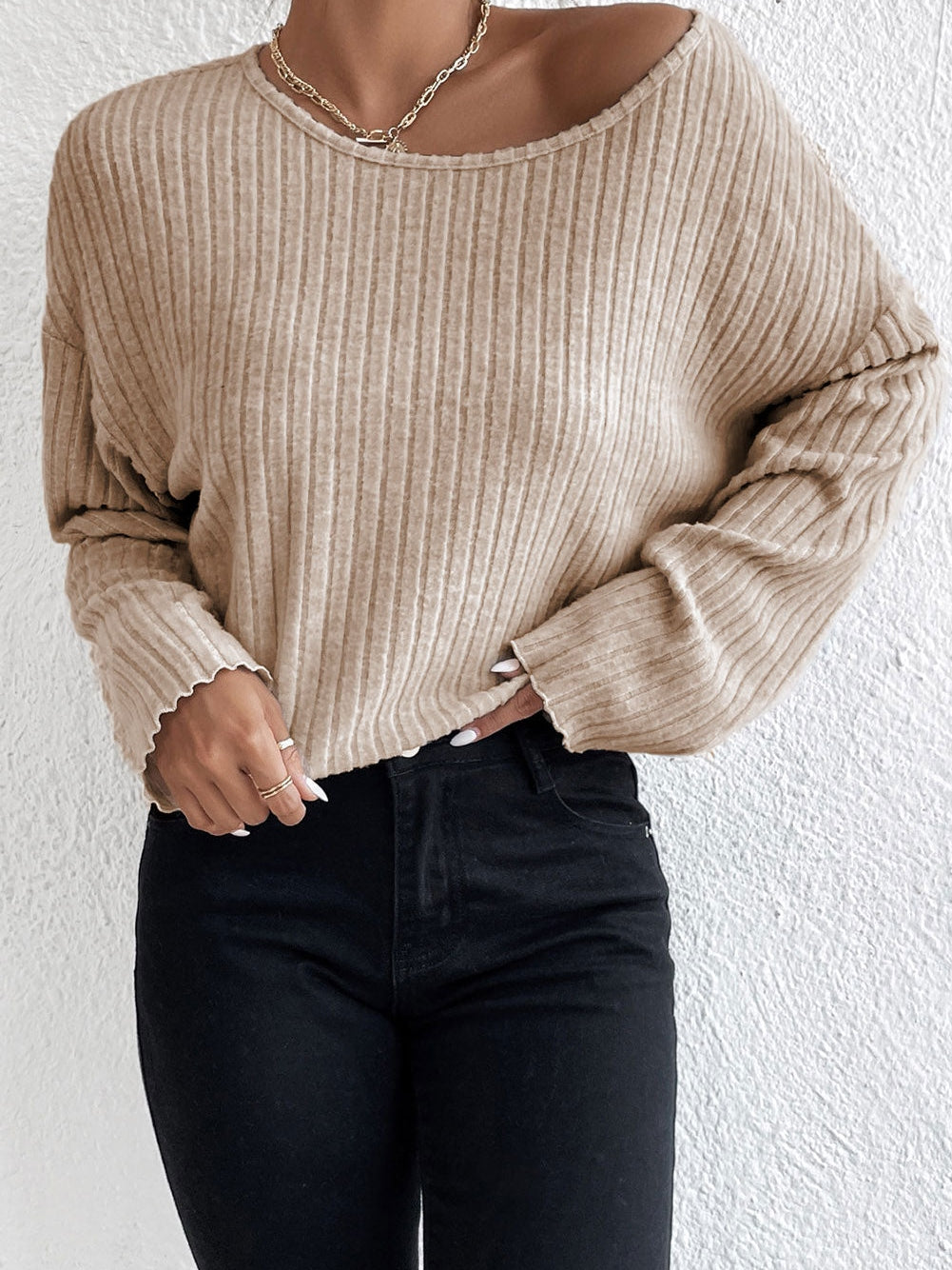Beige Ribbed Knit Top with Lettuce Cuffs