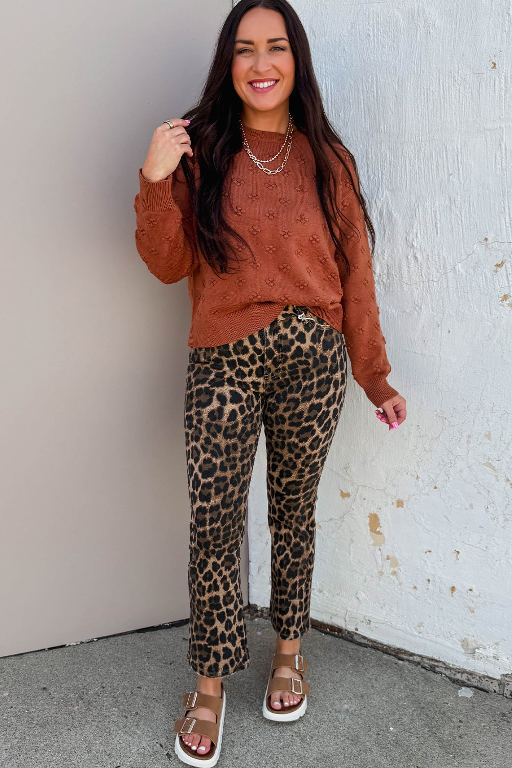 Clay Solid Color Flower Texture Knit Drop Shoulder Sweater