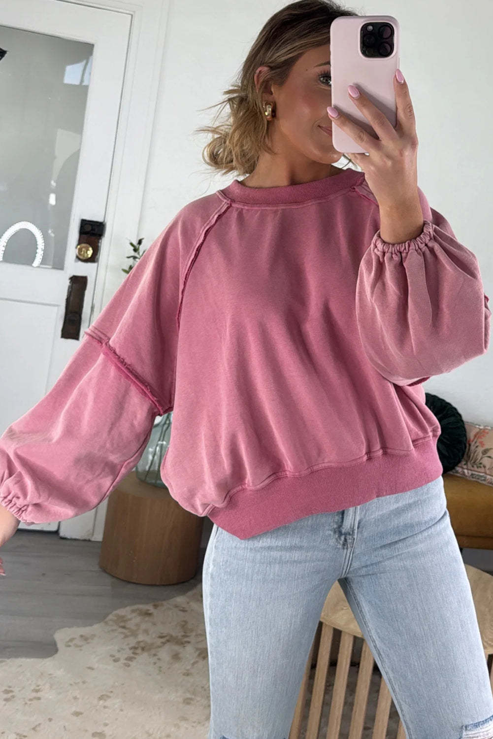 Coral Elastic Cuffs Balloon Sleeve Raw Seam Patchwork Sweatshirt