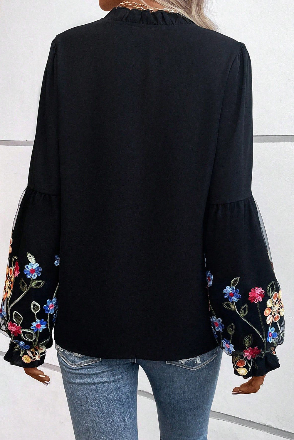 Elegant Black Floral Embroidered Flounce Sleeve Blouse with Split V-Neck