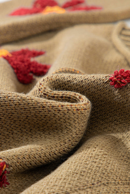 Green Floral Knit V Neck Sweater with Ribbed Trim