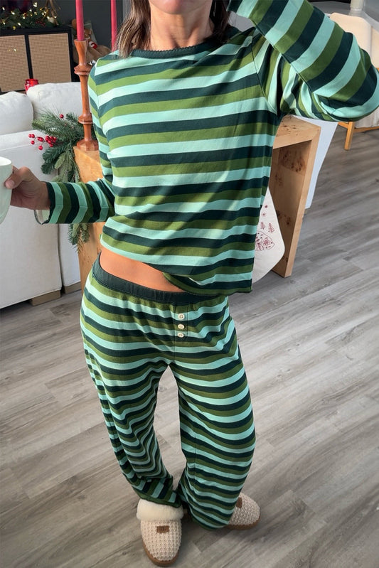 Green Stripe Contrast Trim Long Sleeve Top Loose Pants 2pcs Pajama Set