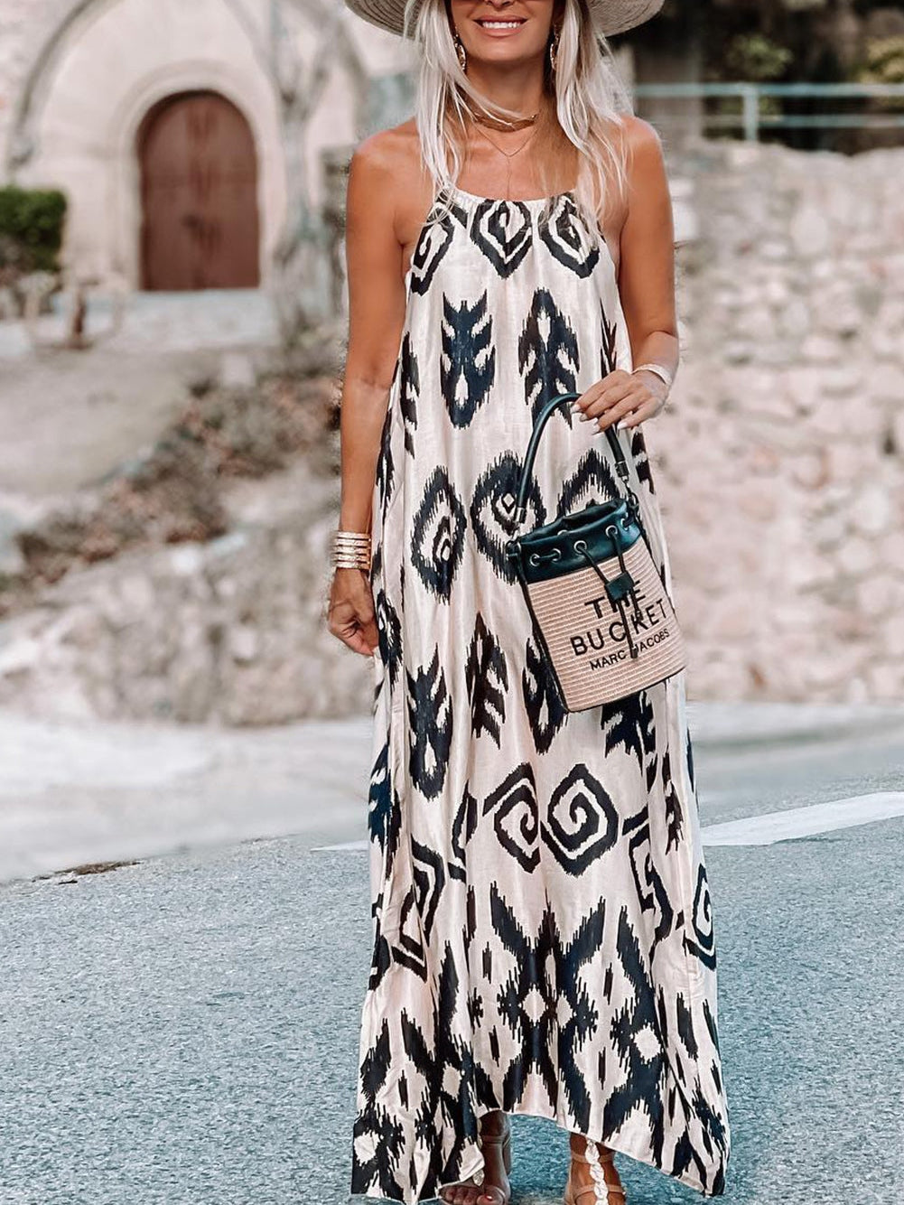 Cowgirl Chic Black Aztec Western Print Halter Maxi Dress