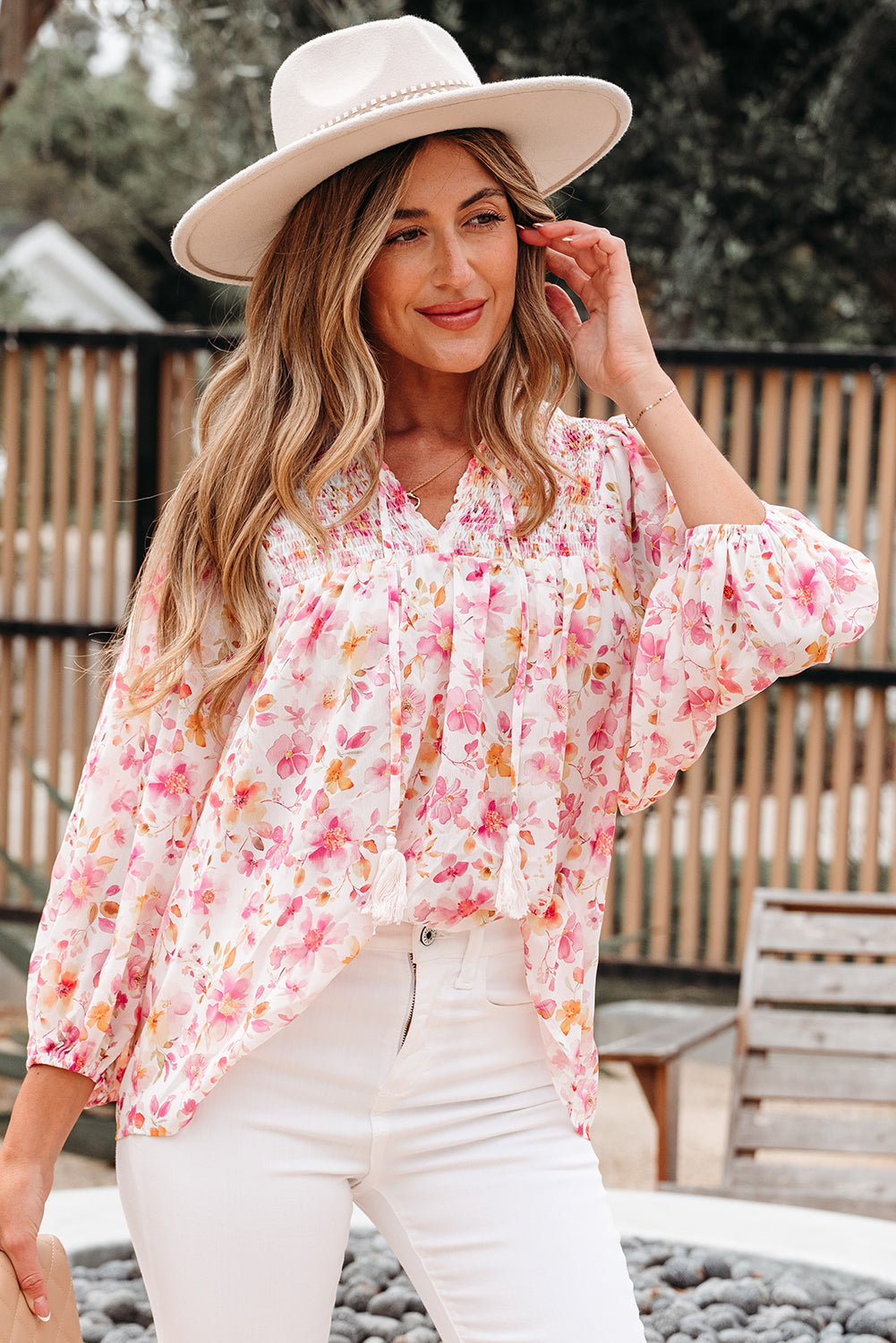 pink floral blouse