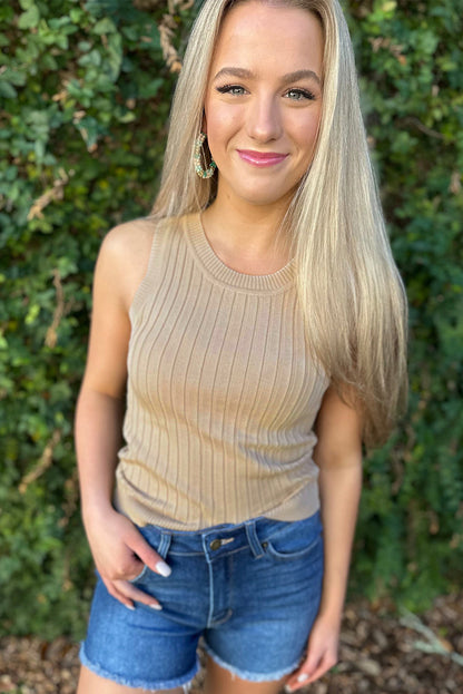 Apricot Ribbed Knit Sleeveless Crew Neck Top