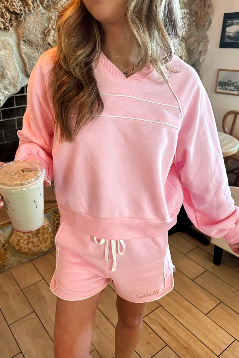 Light Pink Contrast Trim V Neck Pullover Top and Drawstring Shorts Set