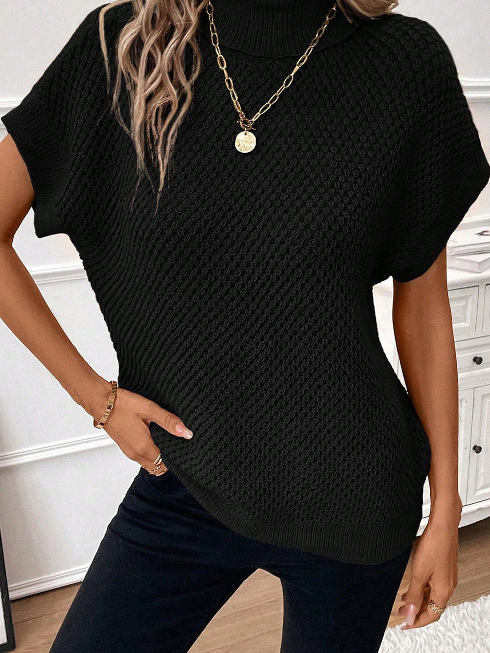 Elegant Black Ribbed Turtleneck Short Sleeve Sweater