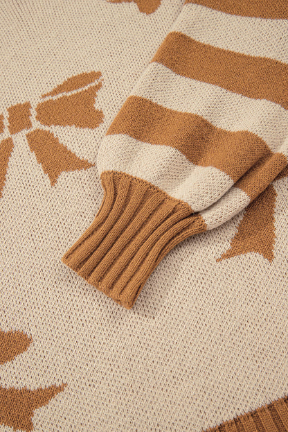 Straw Yellow Ribbon Bow Print Checkered Striped Sleeve Drop Shoulder Sweater