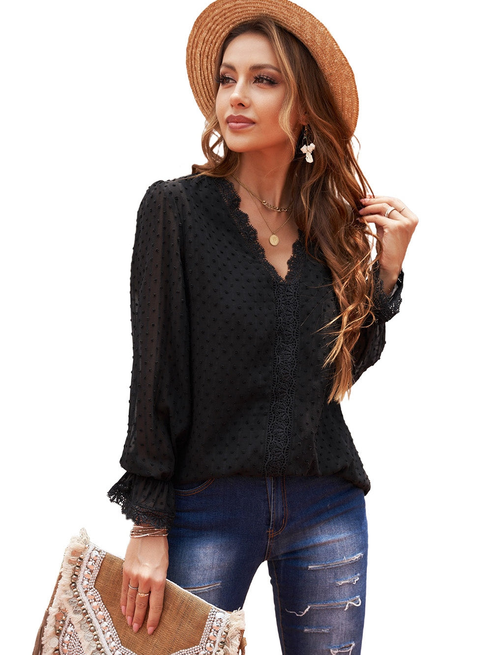Elegant Swiss Dot Lace Detailed V-Neck Blouse
