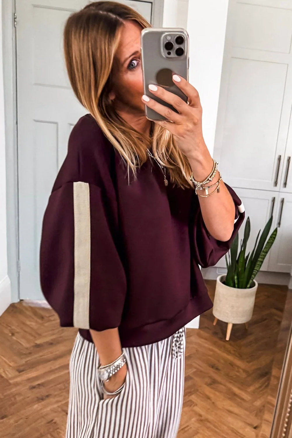 Burgundy Side Stripe Varsity Sweatshirt