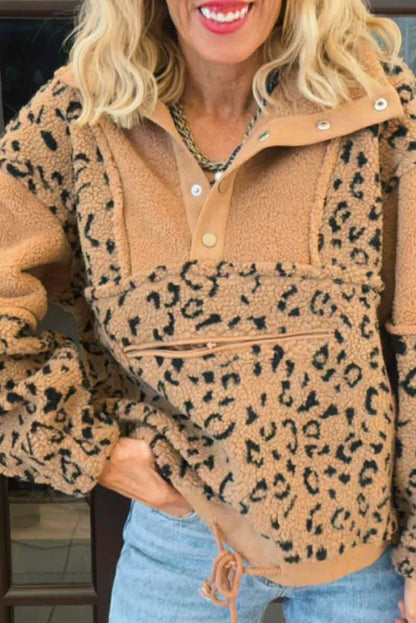 Khaki Sherpa Leopard Color Block Patchwork Cozy Pullover Sweatshirt